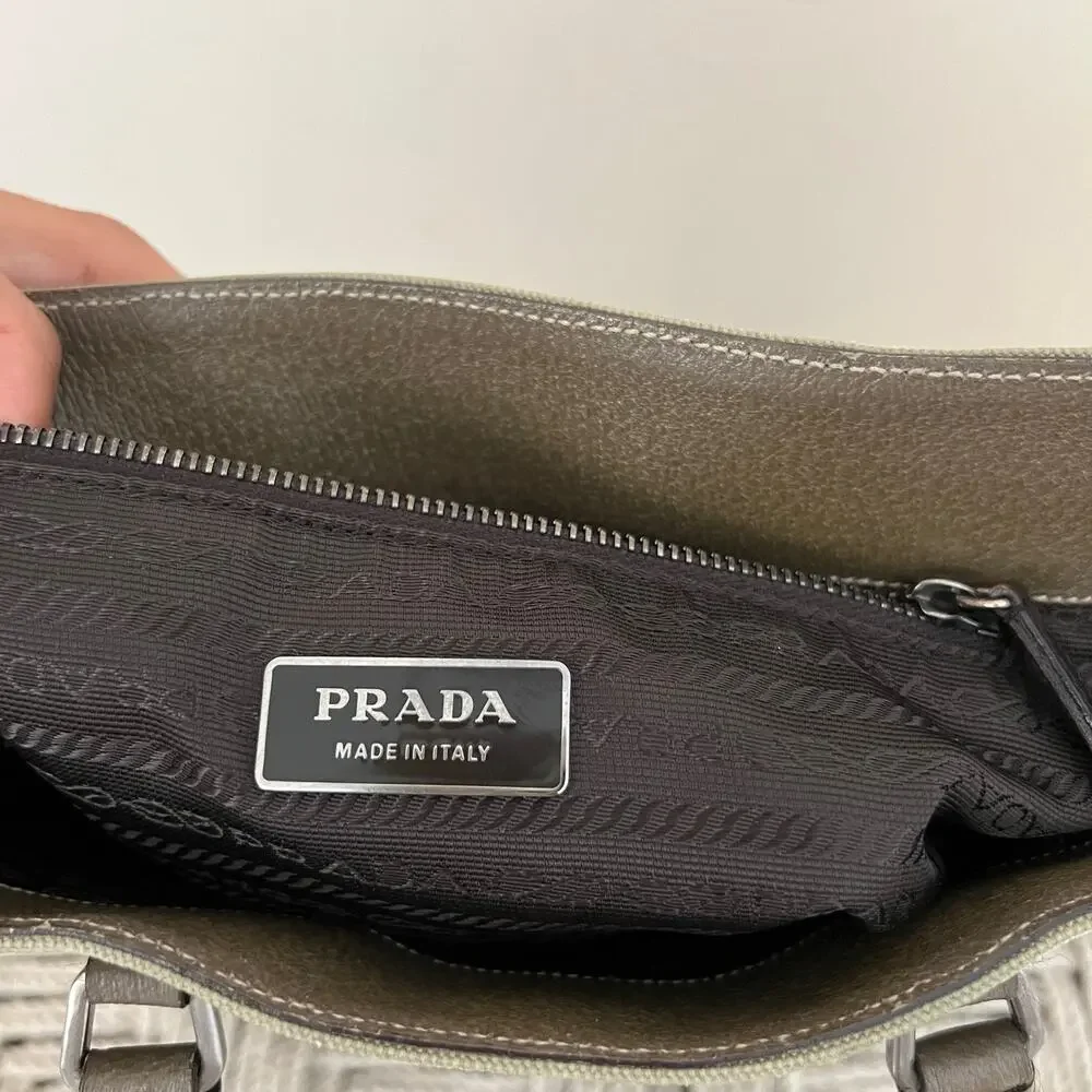 PRADA Olive Logo Canvas and Leather Tote Bag - Picture 9 of 13